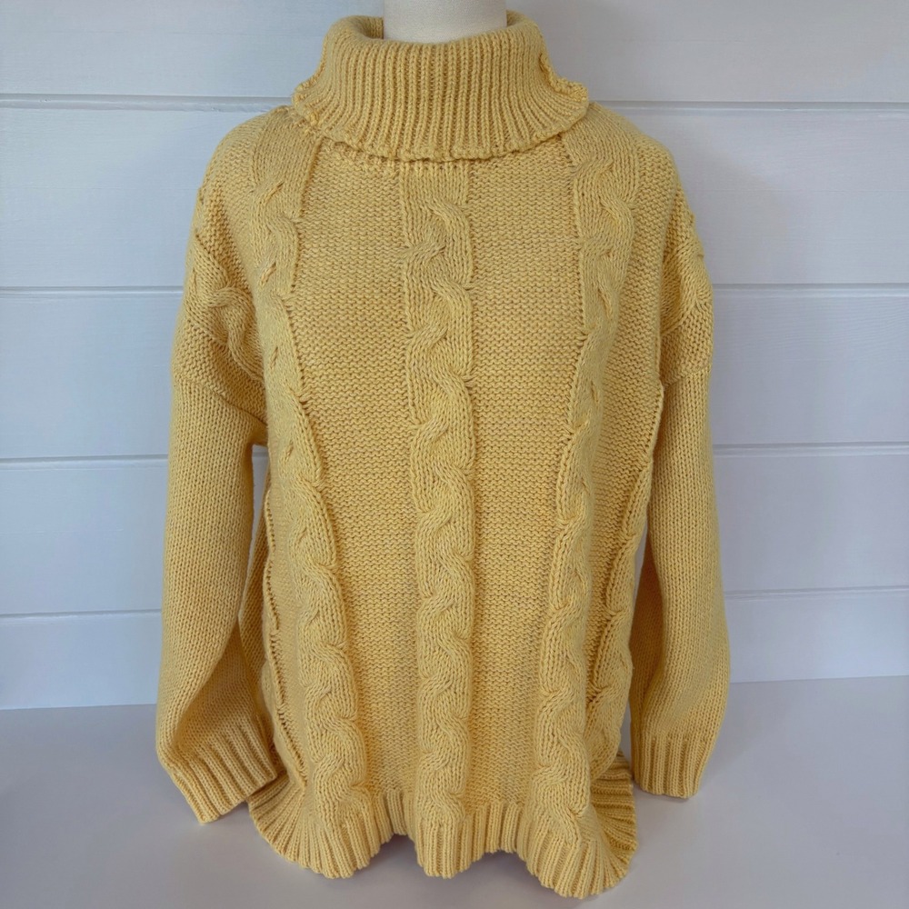 Vintage 90s Chunky Cable Knit Turtleneck Sweater XL Butter Yellow Fisherman Cozy - Picture 9 of 11